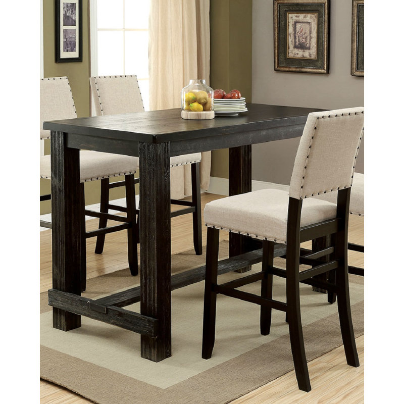 Table de salle à manger à hauteur de comptoir, 60 x 30 po, bois massif, 1 pièce, noir antique, 4 sièges