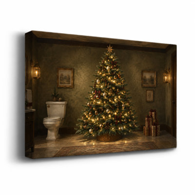 Arbre lumineux avec ornements dorés et toile de Noël tendue