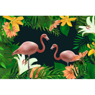 Murale flamant rose et fleurs en fleurs