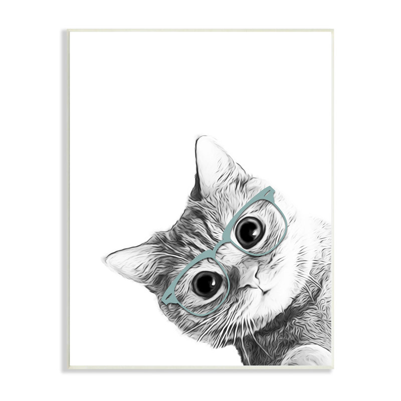 Monochrome Cat with Glasses Portrait on MDF Wood