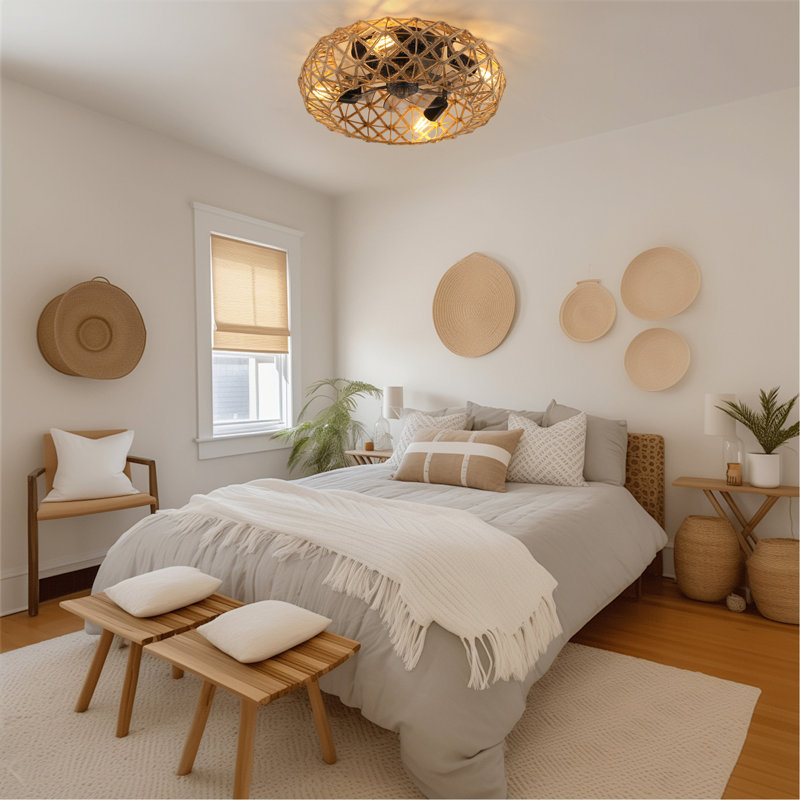 Ceiling-mounted Jute Rope Fan Light Strip with 4 Bulbs, Dimmable, 7 Dlades, Reversible DC Motor