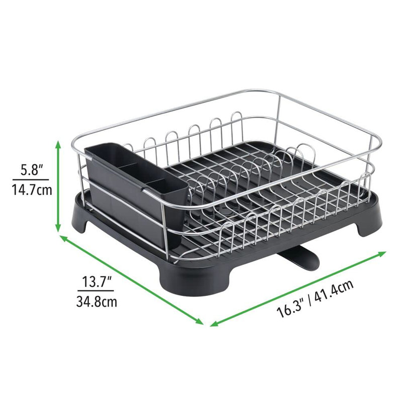 Silver and Black Metal Dish Drying Rack with Utensil Cup
