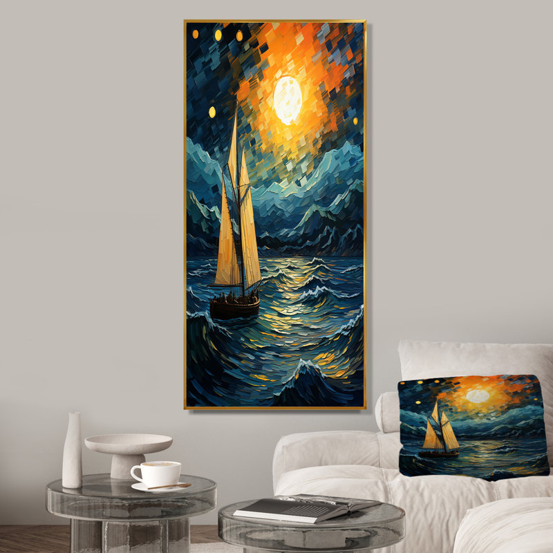 Clair de lune, bateau à voile Horizon III - Bateau à voile, art mural, Cadre flottant doré, H 32 po x l 16 po