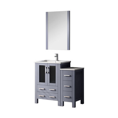 Dark Grey 36 In. Bath Vanity With Side Mirrored Cabinet, Stainless Steel Faucet, White Ceramic Countertop, And 22 Decorative Wall - Hung Mirror Wide Pull Out Faucet , Counter, Standing
