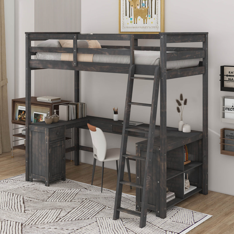 Kids Loft Bed With Built-In-Desk, Antique Brown, Full