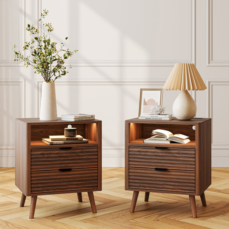 2 Drawer Bedside Table, Set of 2, Walnut