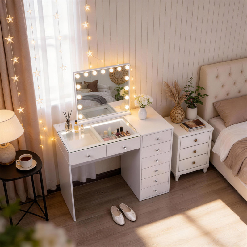 Bureau de maquillage pour coiffeuse avec miroir à lumières RVB