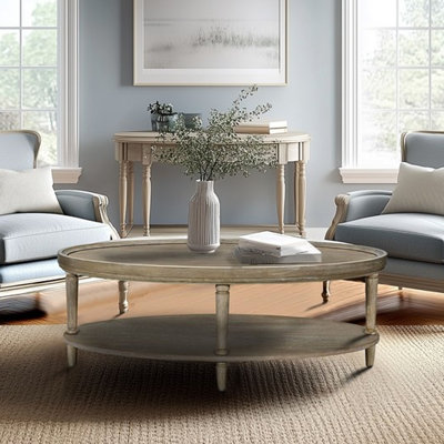 Table basse ovale avec tablette, charme classique, finition grège récupérée, plateau de table robuste en placage de bois d'hévéa, niveleurs réglables pour un attrait de stabilité, plateau supérieur, pour garder stable