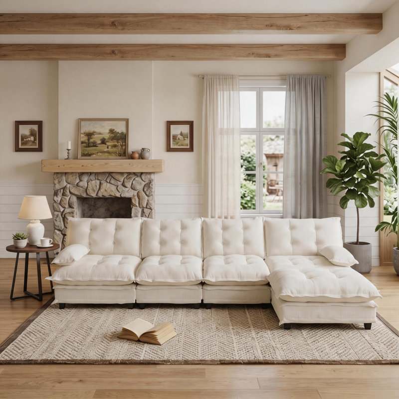 Canapé modulaire en forme de L 138 po avec repose-pieds et siège profond, Beige Chenille, 35.4" H x 138.5" W x 33.8" D