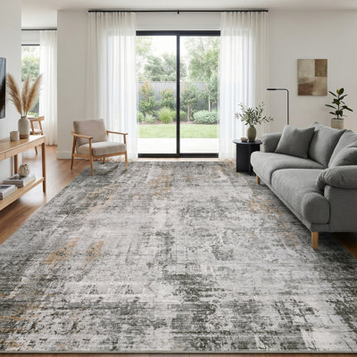 Tapis gris anthracite délavé à la machine à motif abstrait moderne délavé pour le salon ou la chambre à coucher