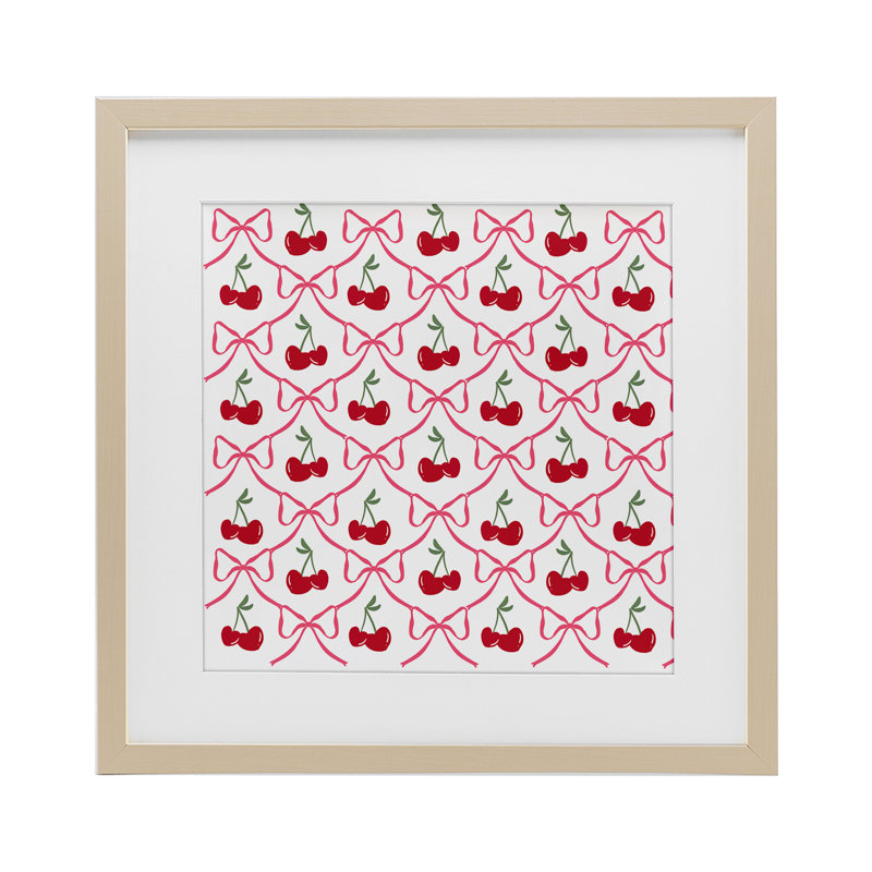 Joli motif de cerises et d'arcs encadrés sous verre, design par Lucille Price, H 16 po x l 16 po, Cadre de récolte en pin