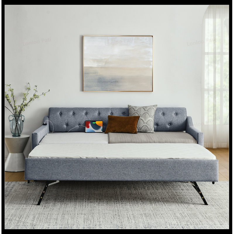 Twin Size Upholstery DayBed with Twin Size Erectable Trundle, USB Charging, and Linen Grey Finish, Space-Saving and Stylish