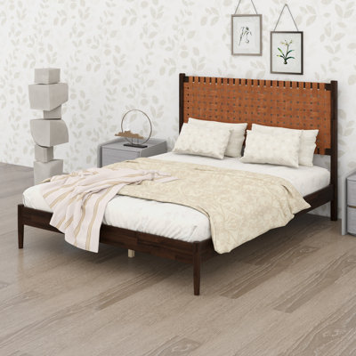 Rustic Modern  Bed Frame, Platform  Bed,  Hand-Woven Vegan Leather Headboard