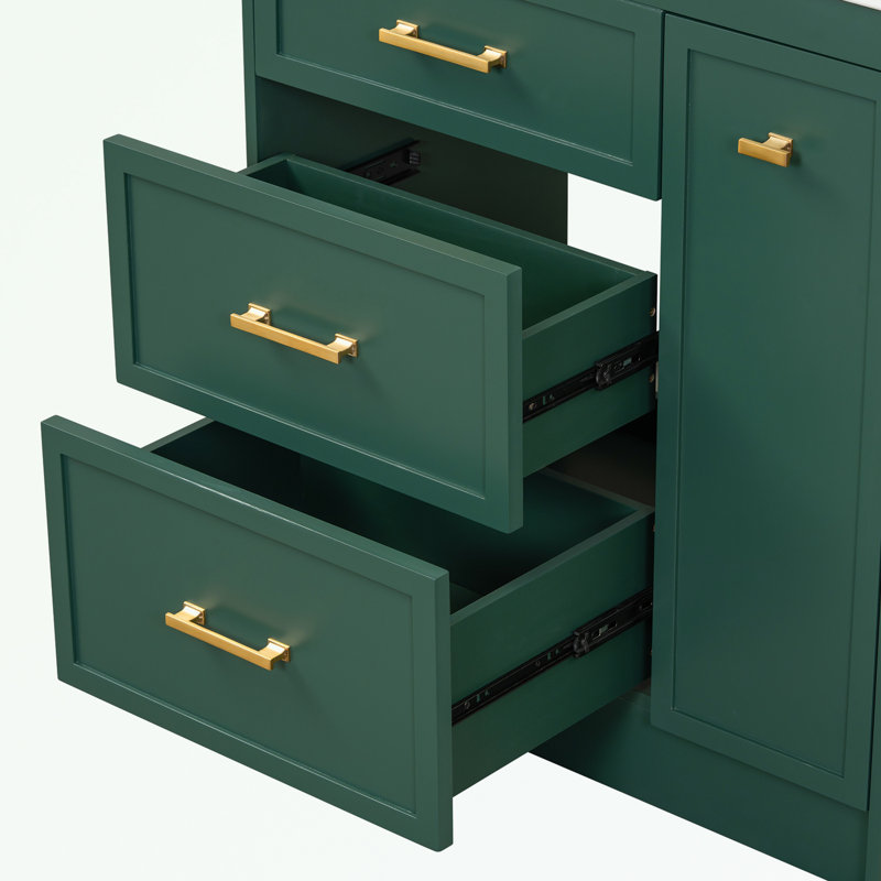 Ensemble de meuble-lavabo vert forêt 30 po, avec trois tiroirs, dont un à double couche, avec de longues poignées dorées - parfait pour les petites salles de bain