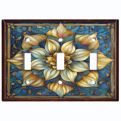 Metal Light Switch Plate Cover; US Standard Size 3 Gang Toggle - Lotus Flower Stained Glass Print