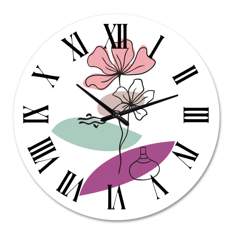 Horloge murale moderne formes élémentaires avec fleurs abstraites IV, Grand