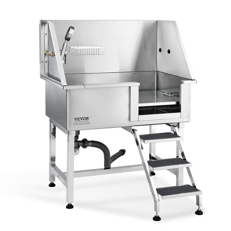 38-Inch Stainless Steel Pet Grooming Tub with Ramp and Storage