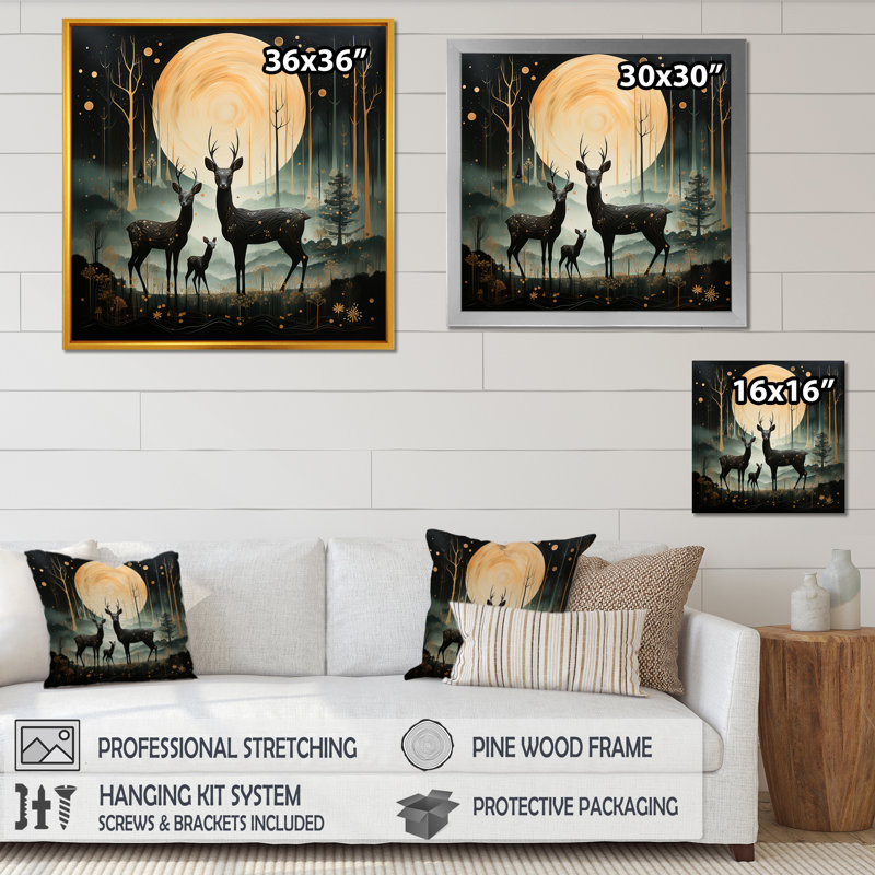 Wondering Night Deer Family Elegance - Art mural animal cerf, Toile tendue, H 36 po x l 36 po x P 1,5 po