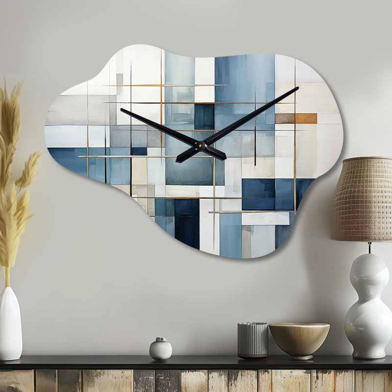Desanto, dessin au trait bleu gris abstrait géométrique I - nuage, art mural en métal, horloge murale, Grand