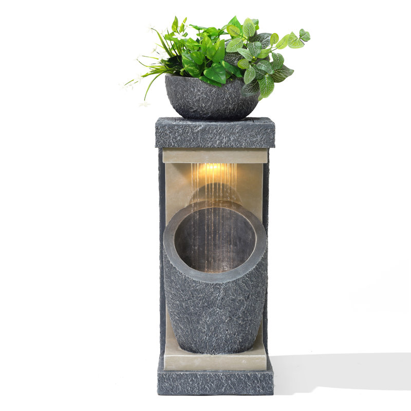 Abdulameer 32''H Gray Resin Column Outdoor Fountain with Built-In Planter and LED Light