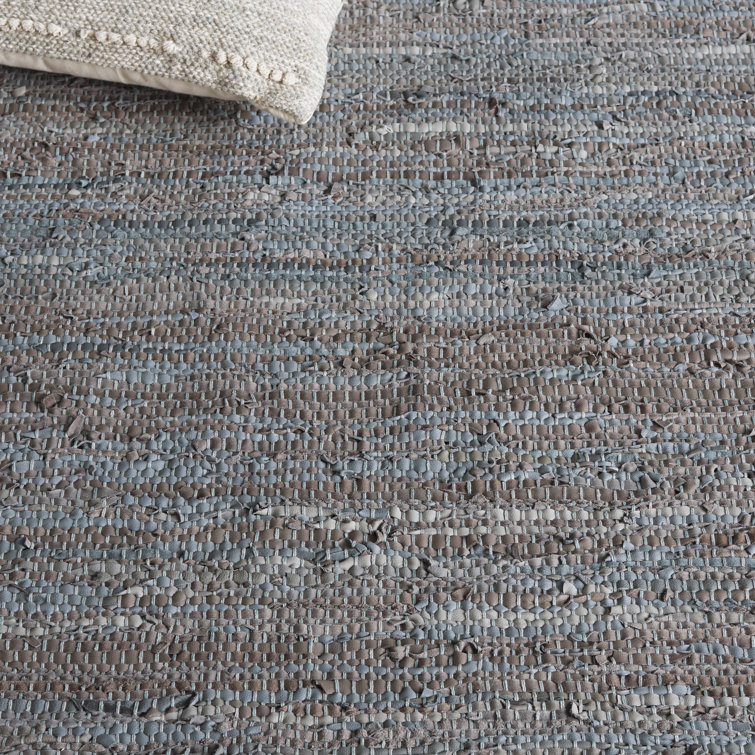 Exley Vintage Leather Hand Woven Leather/Cotton Striped Rug in Gray