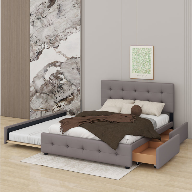 Grand lit plateforme tapissier avec 2 tiroirs et un lit gigogne, Gris clair