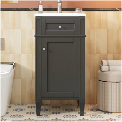 Meuble-lavabo de 16 po avec lavabo en céramique, ensemble simple autoportant, porte à fermeture douce, tablette réglable, style français, noir