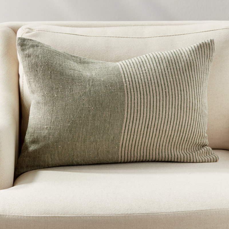 Jules European Flax Fiber Pillow Cover & Insert, Rectangle 14" H x 20" W, Knife Edge, Green/Ivory/Pinstripe