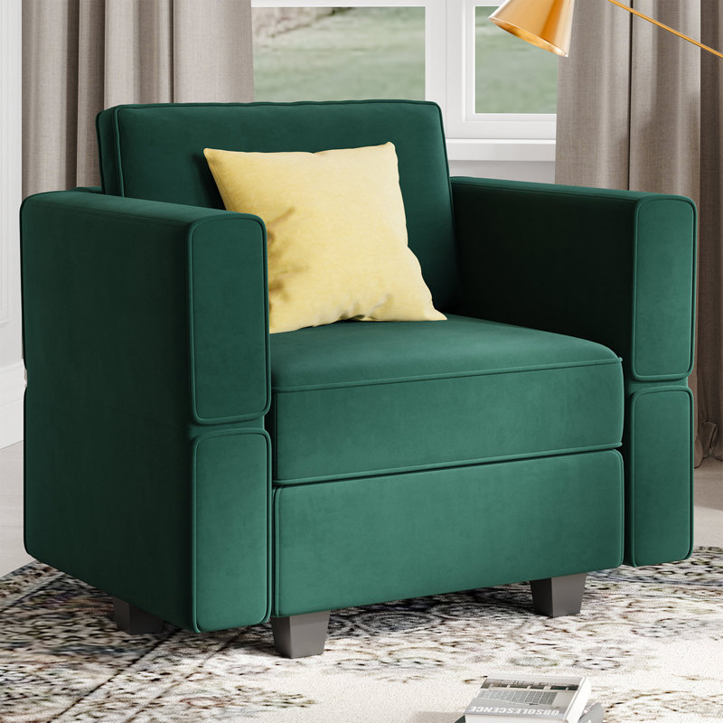Fauteuil simple rembourré en velours avec rangement Nakash, Velours vert