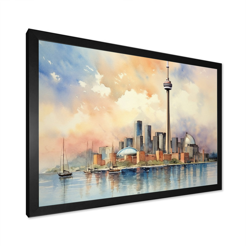 Toronto Watercolor Landscape - Ontario Wall Art Living Room, H 30 po x l 40 po x P 1,5 po, Cadre photo noir simple