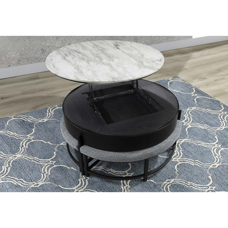 Table basse contemporaine avec rangement relevable et tabourets inclus, Gris ; noir