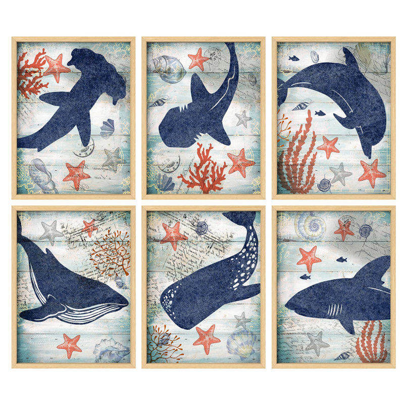 Framed Wall Art Collage Print Gallery Set, Shark, Dolphin, Whale Variety Amphibians Animals Digital Art Modern Beach Portrait Colorful for Living Room, Bedroom, Office