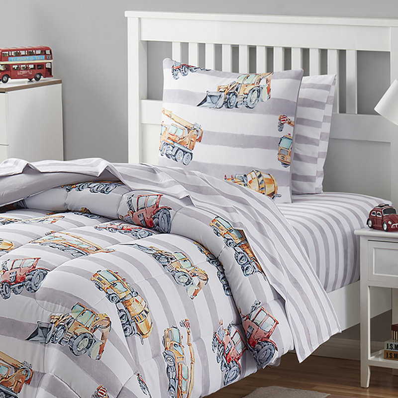 Twin Gray and Blue Construction Trucks Microfiber Bedding Set