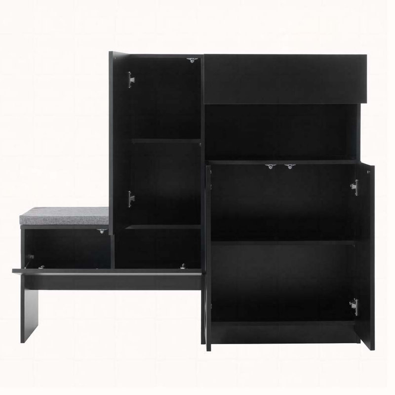 Armoire à chaussures avec coussin moelleux, banc de rangement moderne avec portes arquées et dispositifs de rebond, Noir