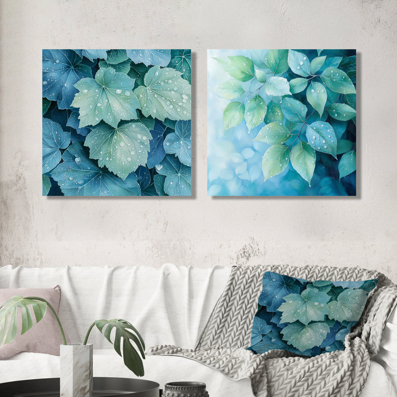 «Morning Dewy Leaves I» - art mural feuilles - ensemble de 2 décorations murales traditionnelles, H 16 po x l 33 po