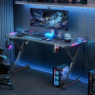 Grell Gaming Desk With LED Lights, Home Office Gamer Desk, Ergonomic Computer Table With Large Carbon Fiber Desktop, Office Workstation With Mouse Pad by Wrought Studio