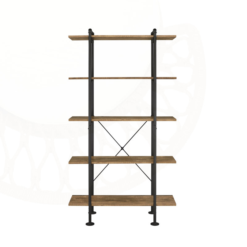 Rustic Oak & Black Finish 5-Tier Bookshelf With Industrial Flair And Ample Storage, Perfect For Modern And Rustic Decor.