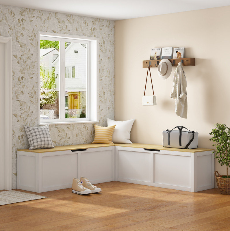 Banc de rangement à angle droit de couleur claire avec très grand compartiment de rangement, conception à assemblage simple pour le vestibule et l'organisation à la maison