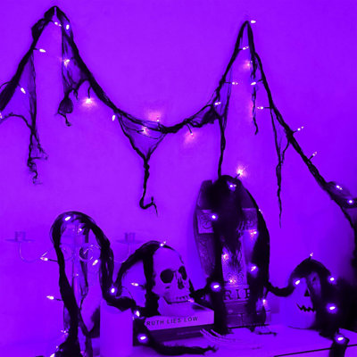 Décorations d'Halloween guirlandes de lumières d'intérieur, guirlande d'Halloween en gaze noire 30 DEL, minuterie 8 modes à piles, tissu effrayant 9,9 pi, décor de foyer pour salle de fête gothique