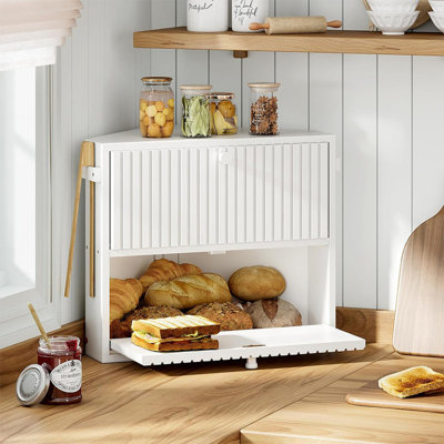 Boîte à pain de coin en bambou rétro à 2 niveaux - Espace élégant - Rangement pour la cuisine (blanc)