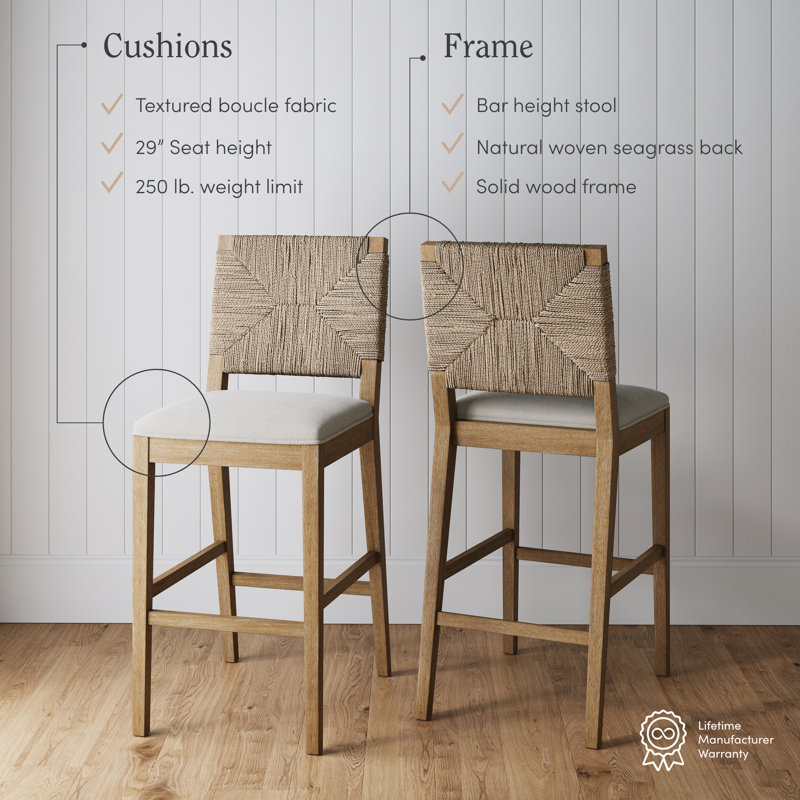 Beacon 29" Light Brown Rubberwood Bar Stool with Cream Boucle Seat