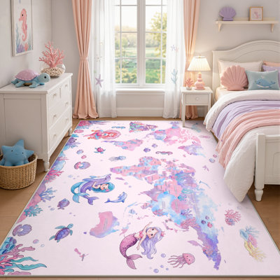 Tapis de jeu lavable pour enfants, motif carte du monde, sirène rose, tapis éducatif à poils courts et antidérapant.