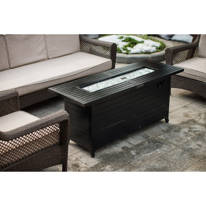 Table de foyer d'extérieur au propane de 57 po au gaz, aluminium, table de salle à manger de foyer de 50000 BTU avec couvercle, verre à feu, rectangulaire, certification ETL, pour terrasse de jardin martelée