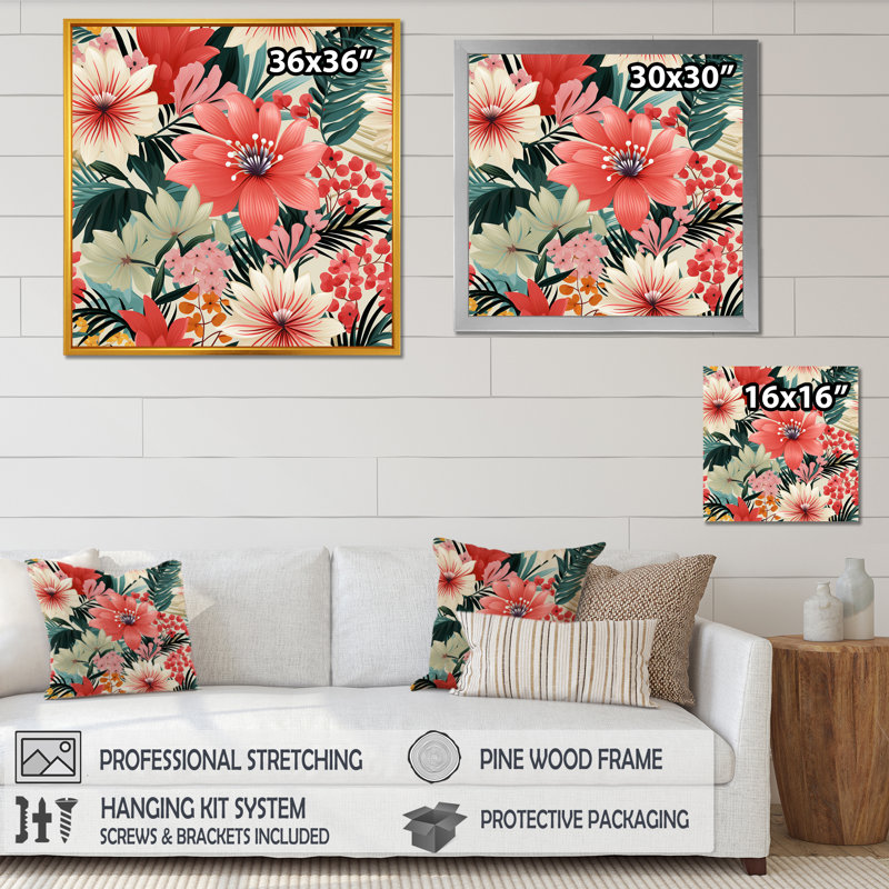 Motif floral rose de la jungle tropicale I - Art mural floral, Cadre flottant doré, H 30 po x l 30 po x P 1,5 po