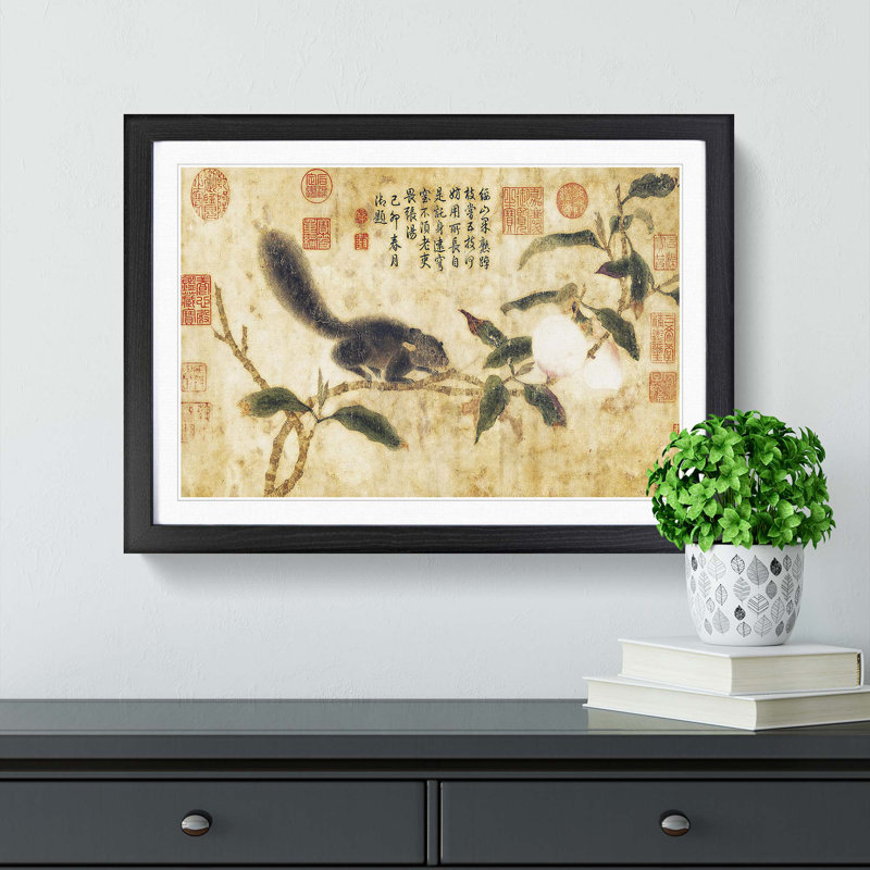 Squirrel on a Tree by Qian Xuan - Picture Frame Painting Print, 27cm H x 36cm W x 2cm D, Black Framed