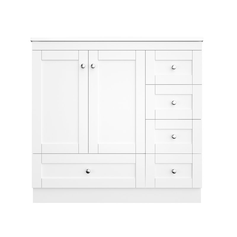 Meuble-lavabo de 36 po de style Shaker, lavabo en céramique, plusieurs tiroirs, sous-lavabo spacieux, mécanisme à fermeture en douceur, idéal pour les salles de bain de taille moyenne qui cherchent une salle de bain moderne à quatre portes, poignées,