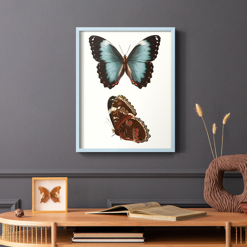 «Antique Blue Butterflies IV», reproduction encadrée - bois massif, Bleu, H 10 po x l 8 po