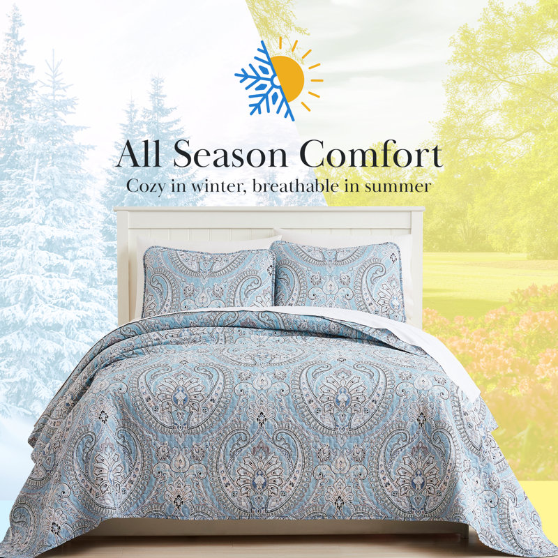 Pure Melody Oversized Light-weight Paisley Quilt Set with matching shams, Aqua blue, King Quilt + 2 King Shams
