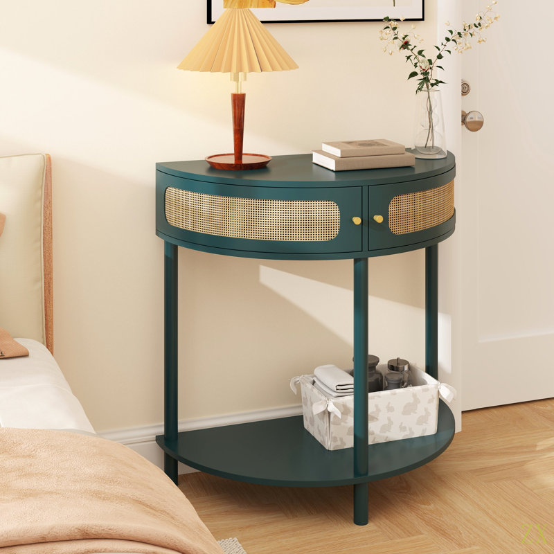 Unique Half Moon Design End Table With Sliding Rat Door,Elegant Semi-Circle Entryway Console Table With 2 Rat Storage Cabinet And Bottom Shelf For Living Room, Bedroom, Study, Hallway