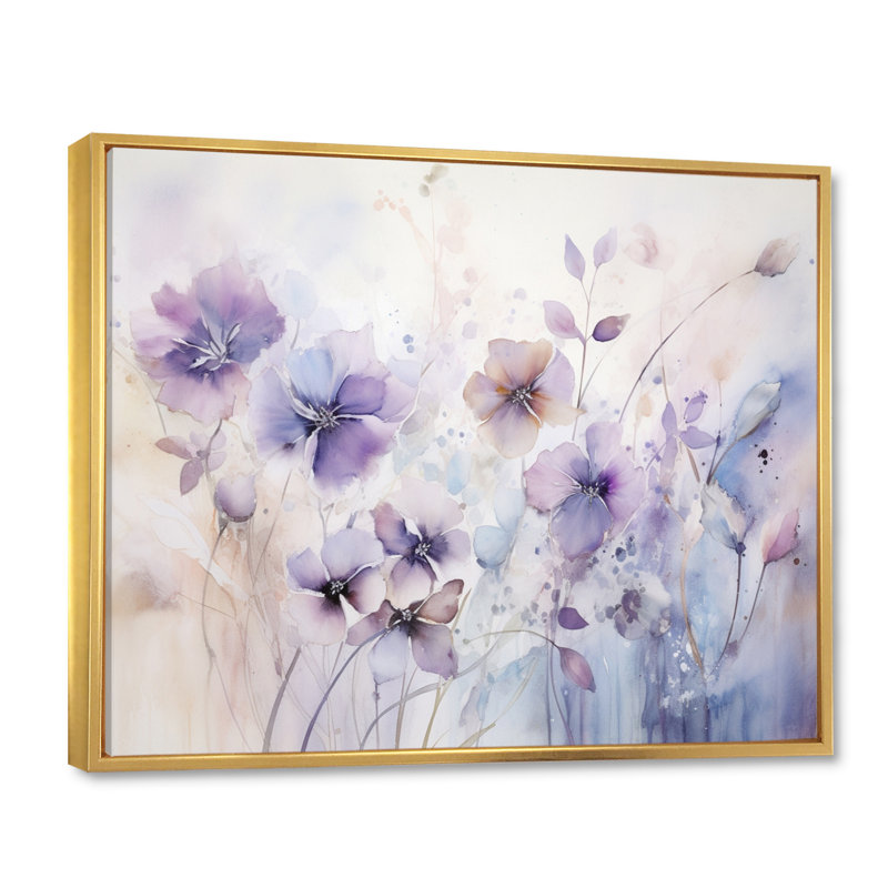 Mauve et fleurs mystiques III - art botanique abstrait, Cadre flottant doré, H 34 po x l 44 po x P 1,5 po